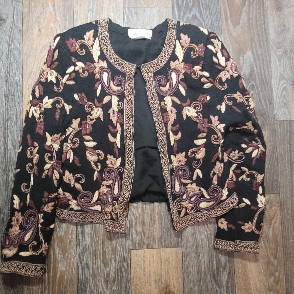 Vintage Laurence Kazar Silk Beaded Jacket Womens Large Black Brown Floral - Picture 1 of 4